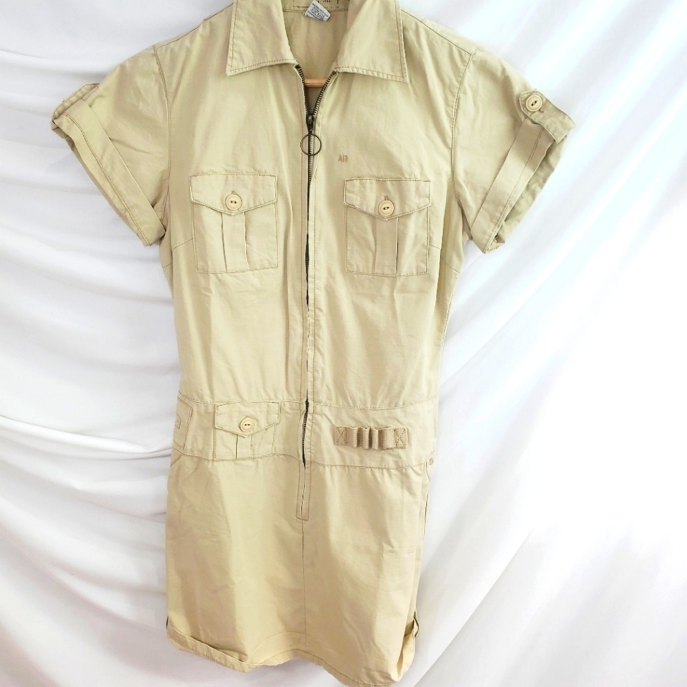 American Rag Beige Short Sleeve Zip-Front Mini Dress